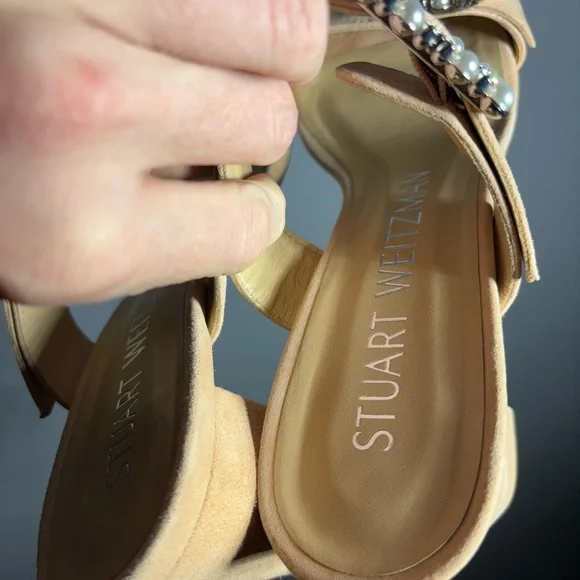 Stuart Weitzman Pearl Geo Buckle Suede Heeled Sandals Womens Size 8 - Picture 7 of 8